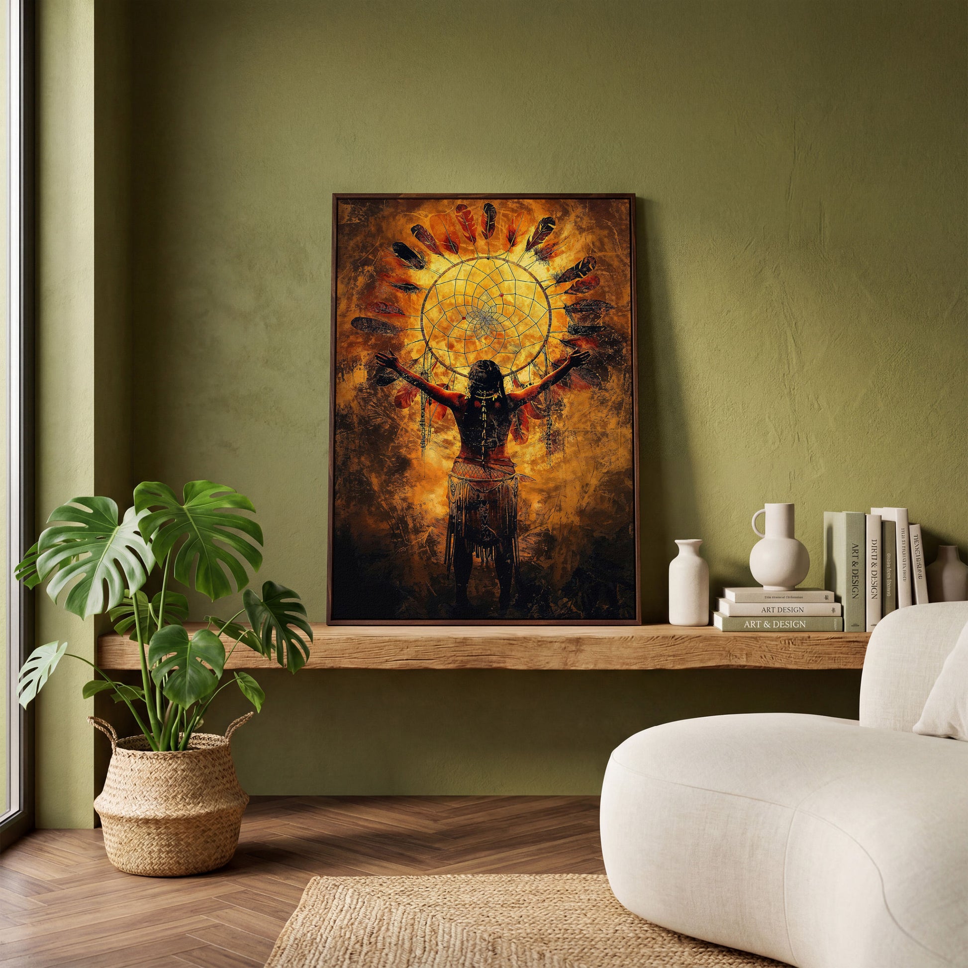 Indigenous Woman and Dreamcatcher Canvas Wall Art in dark walnut floating frame