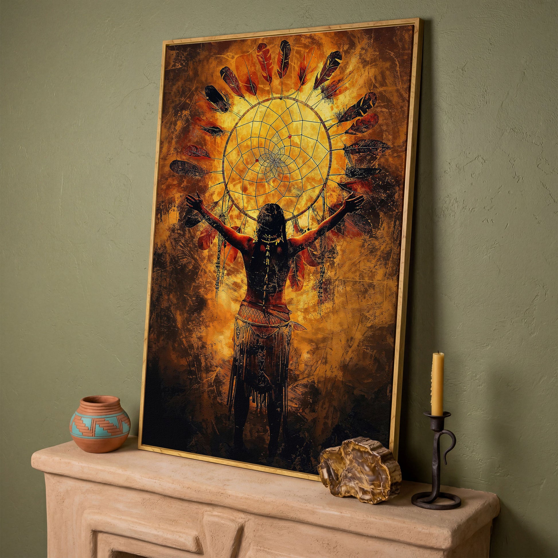 Indigenous Woman and Dreamcatcher Canvas Wall Art in white oak floating frame
