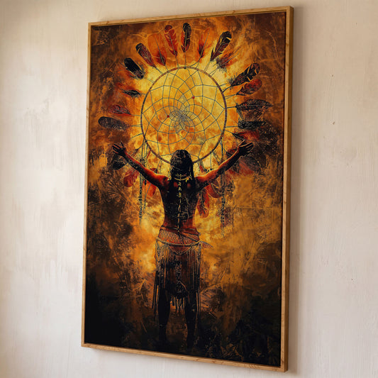 Indigenous Woman and Dreamcatcher Canvas Wall Art shown in white oak floating frame