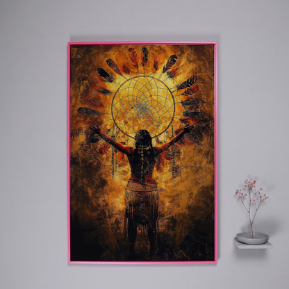Indigenous Woman and Dreamcatcher Canvas Wall Art in pink floating frame