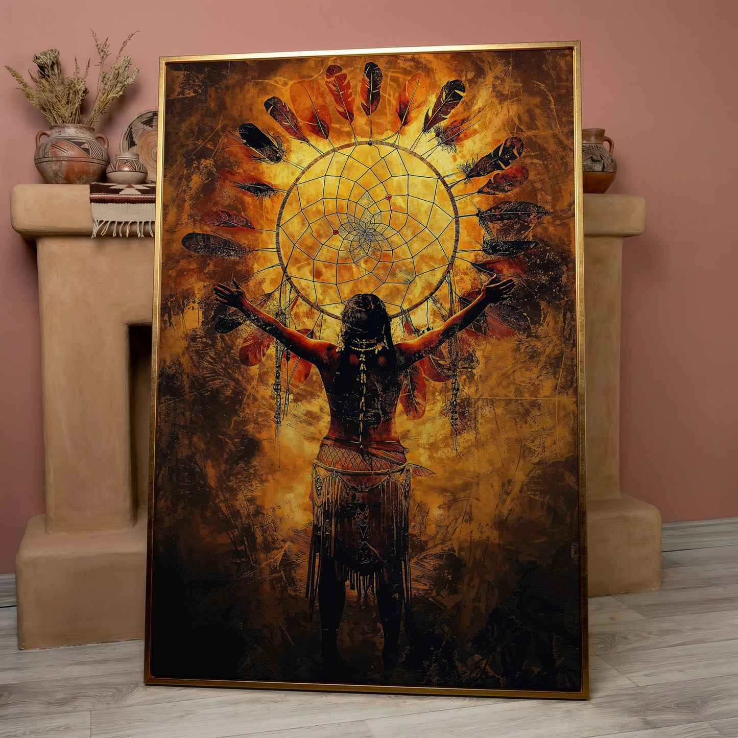 Indigenous Woman and Dreamcatcher Canvas Wall Art in rose gold floating frame