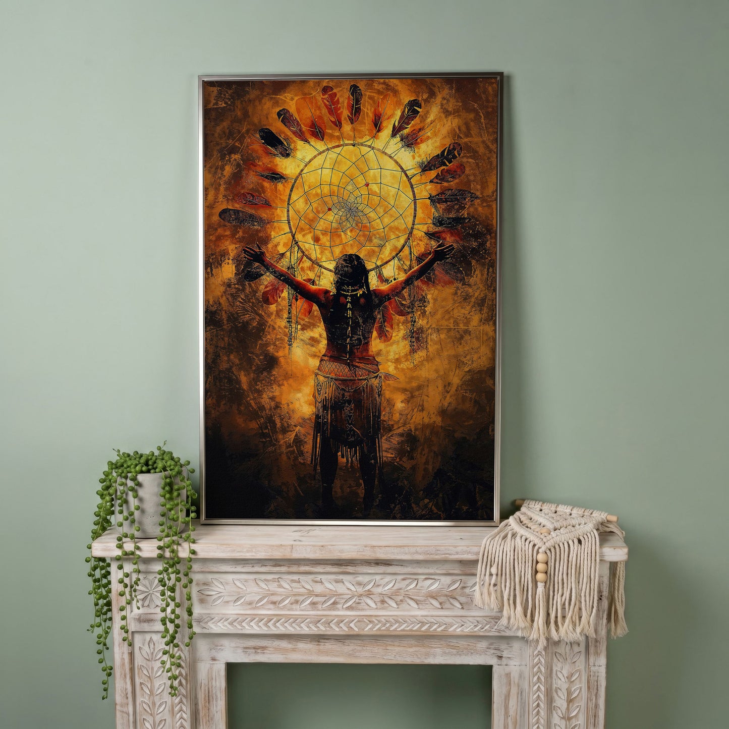 Indigenous Woman and Dreamcatcher Canvas Wall Art in silver floating frame