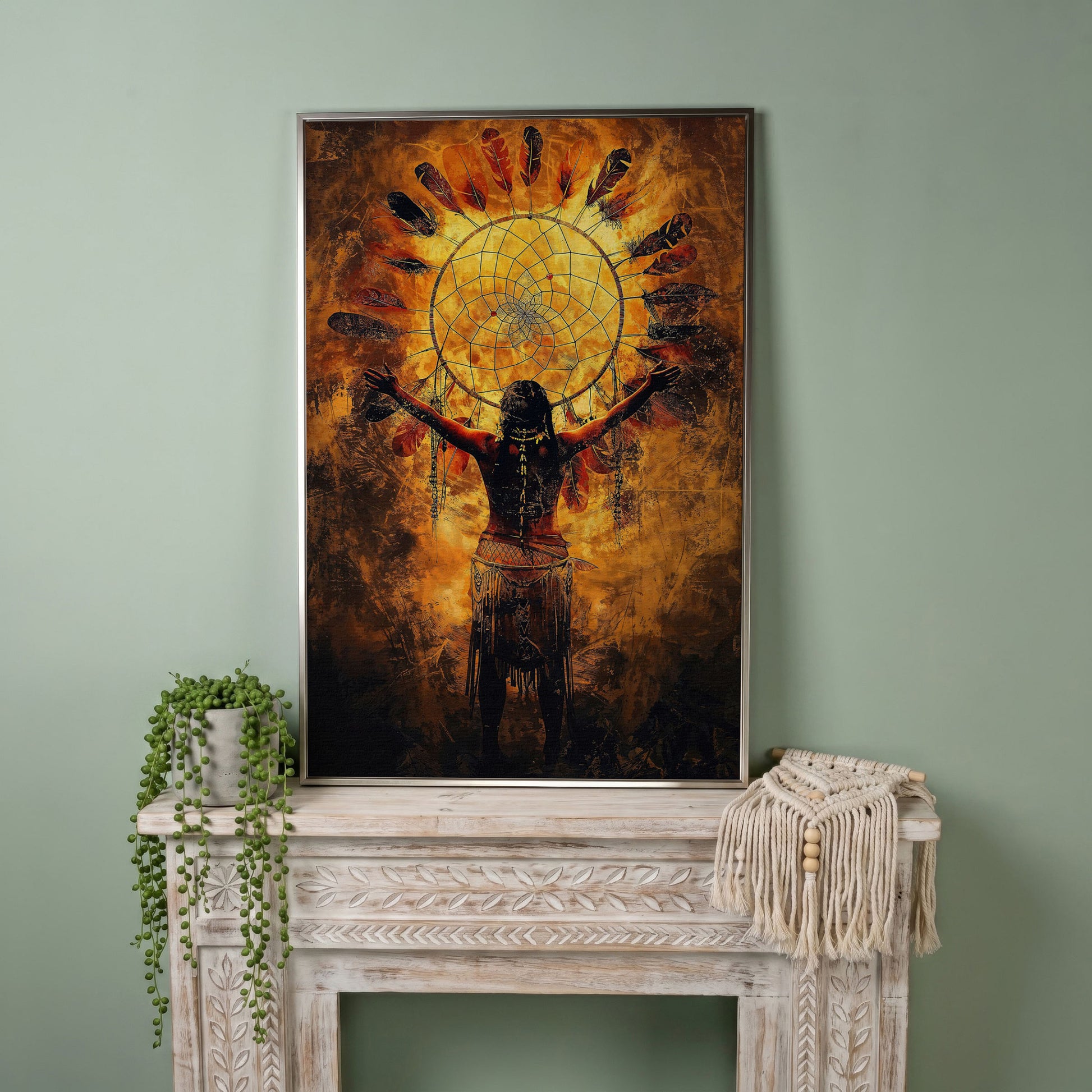 Indigenous Woman and Dreamcatcher Canvas Wall Art in silver floating frame