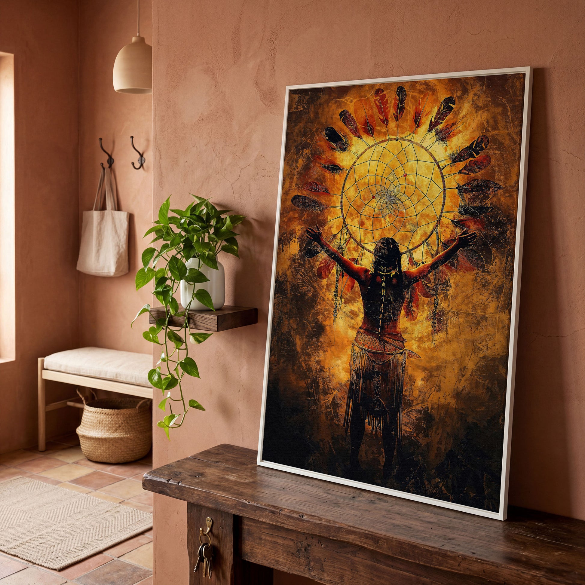 Indigenous Woman and Dreamcatcher Canvas Wall Art in white floating frame