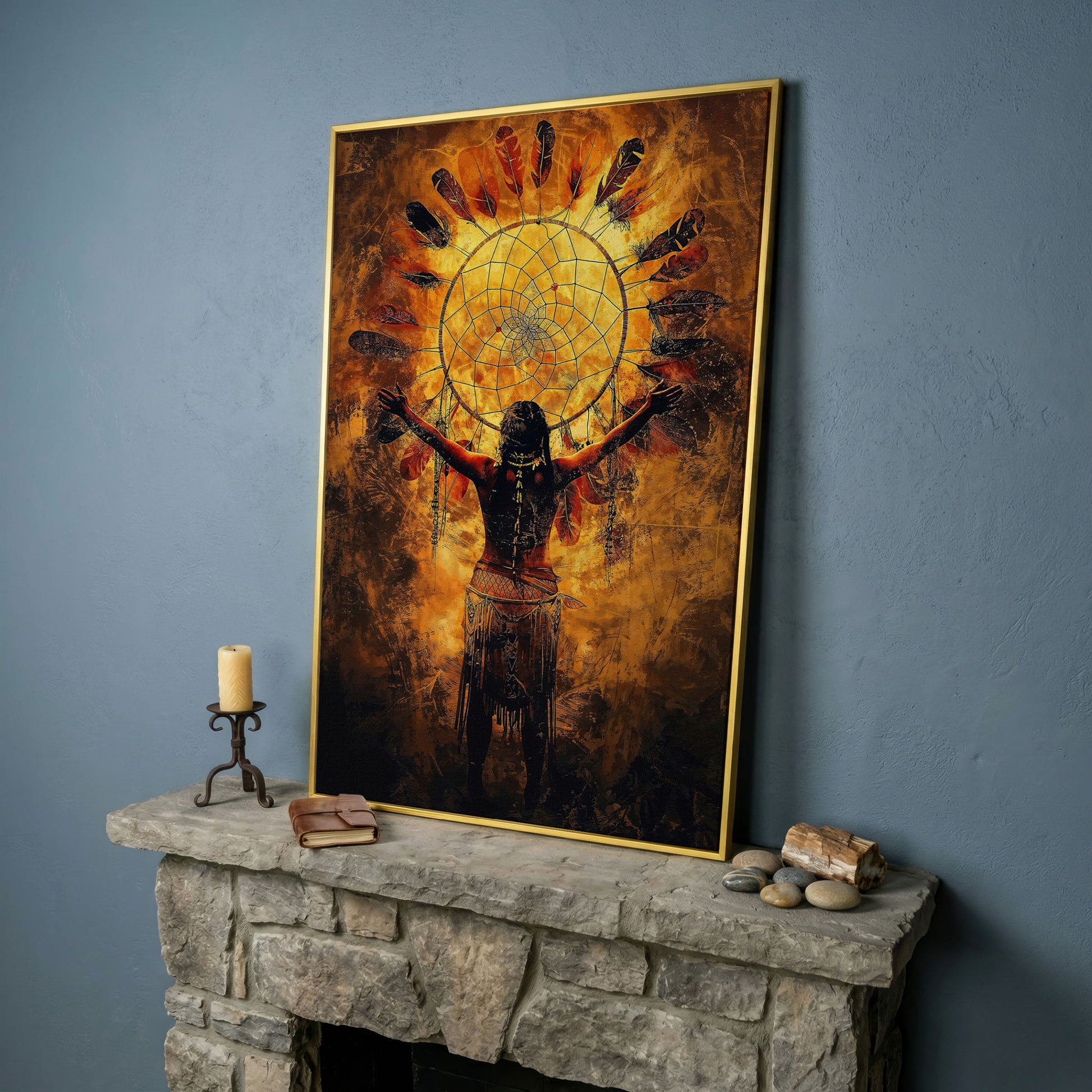 Indigenous Woman and Dreamcatcher Canvas Wall Art in yellow gold floating frame