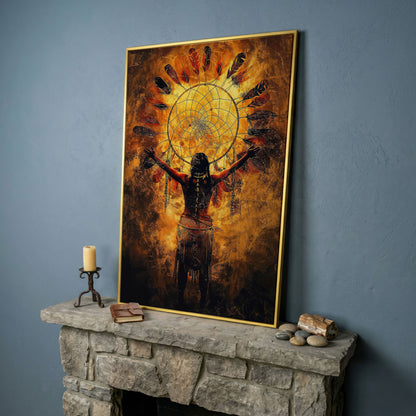 Indigenous Woman and Dreamcatcher Canvas Wall Art in yellow gold floating frame