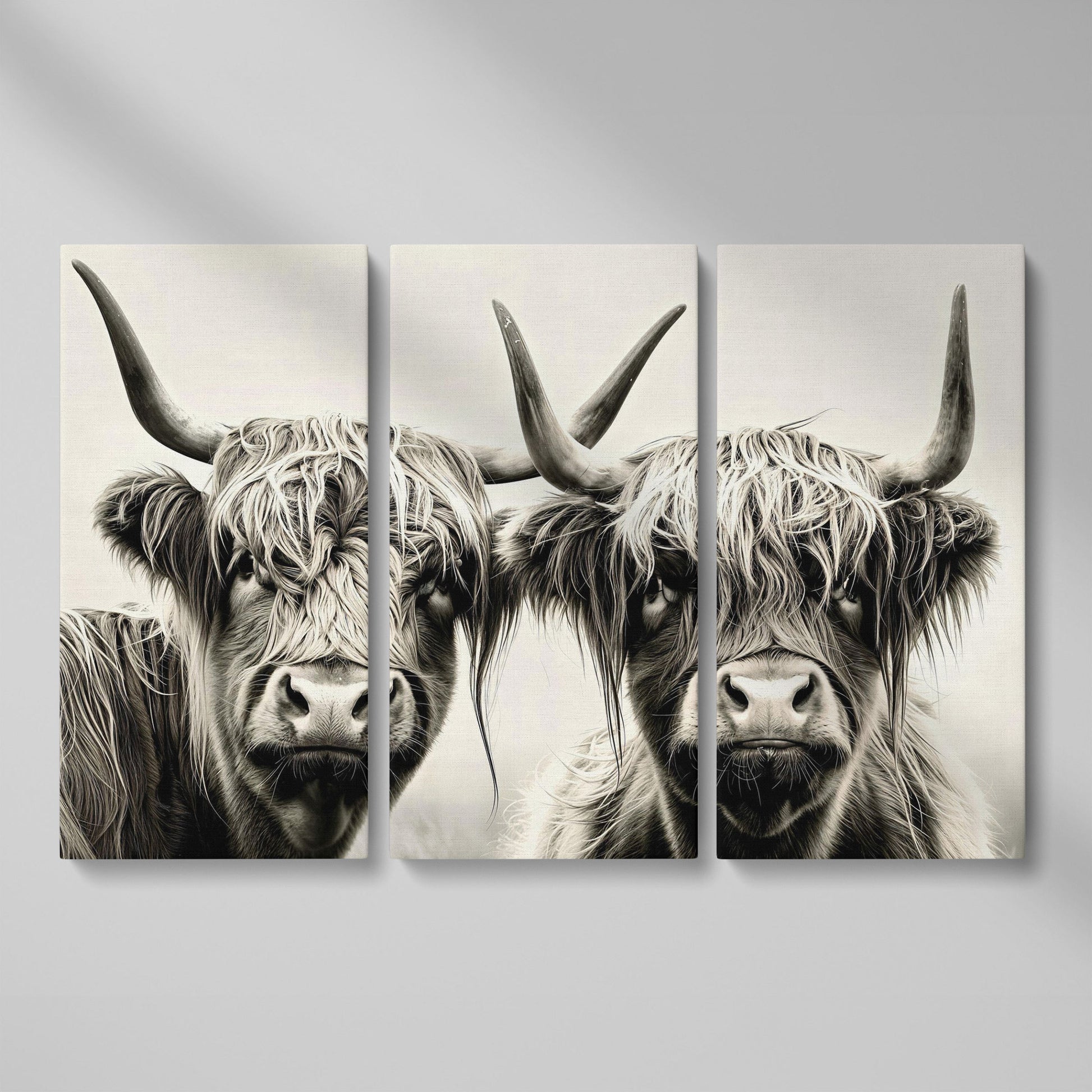 Two Highland Cows Up Close, Canvas Wall Art as 3-panel split version