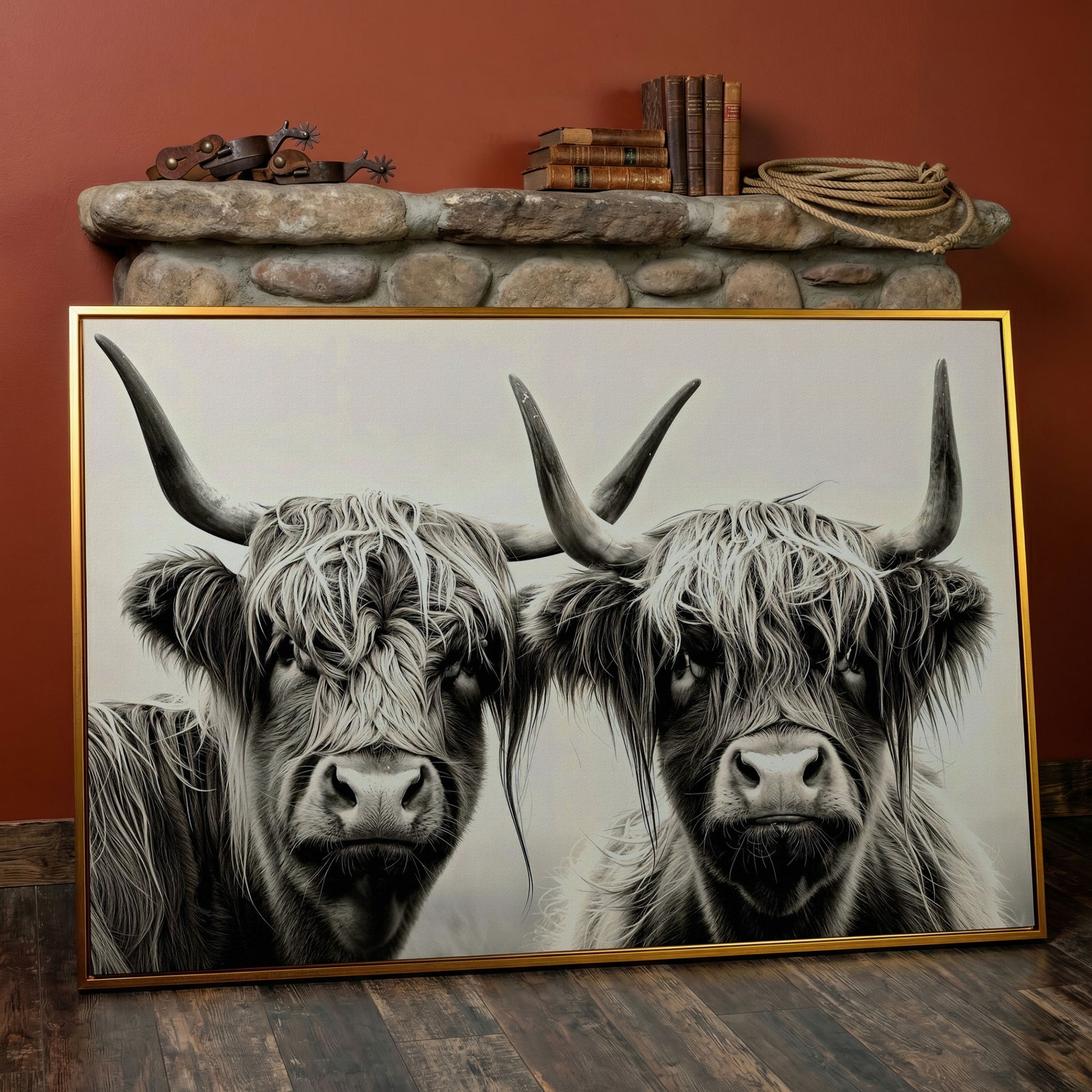 Two Highland Cows Up Close, Canvas Wall Art in antique gold floating frame