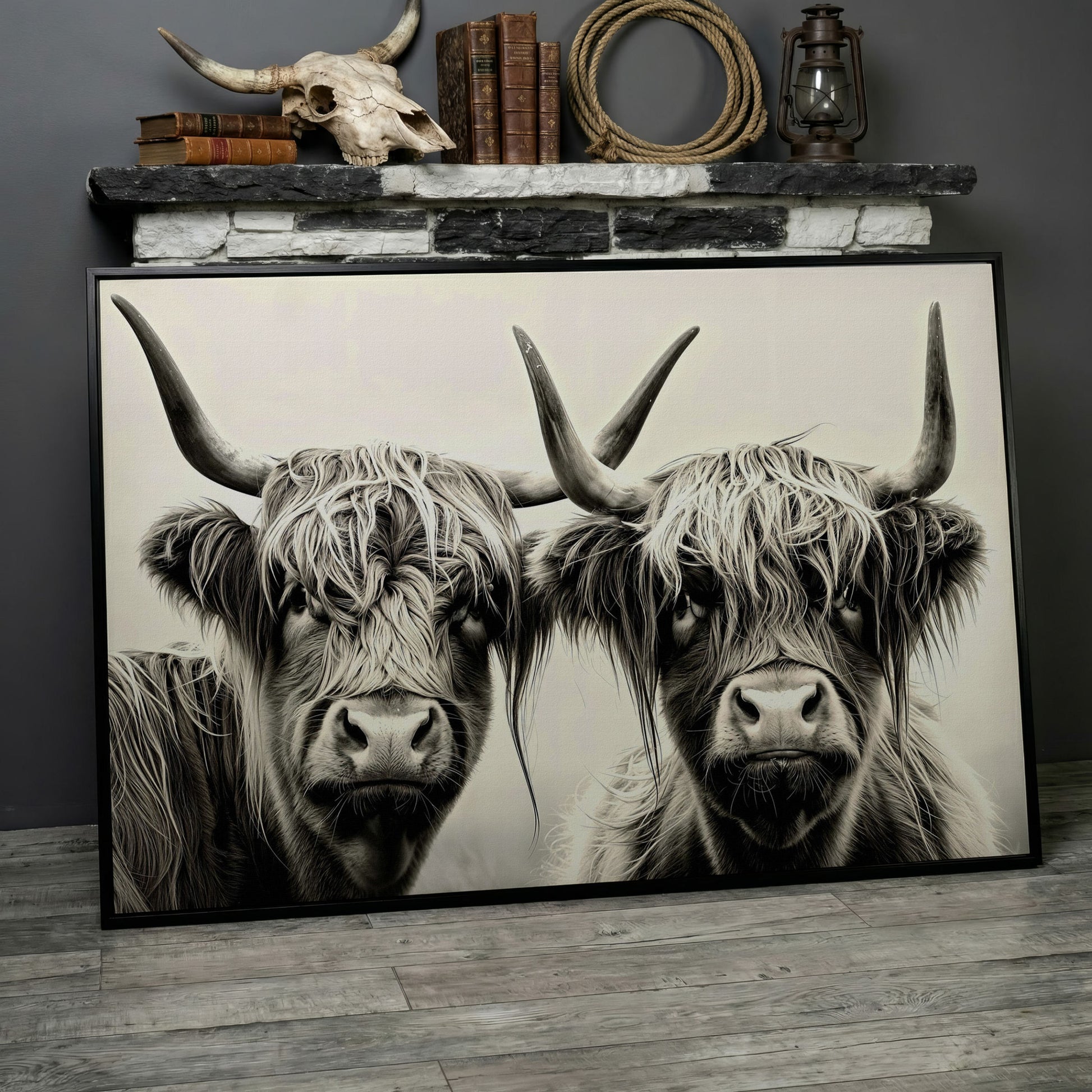 Two Highland Cows Up Close, Canvas Wall Art in black floating frame