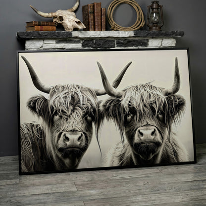 Two Highland Cows Up Close, Canvas Wall Art in black floating frame