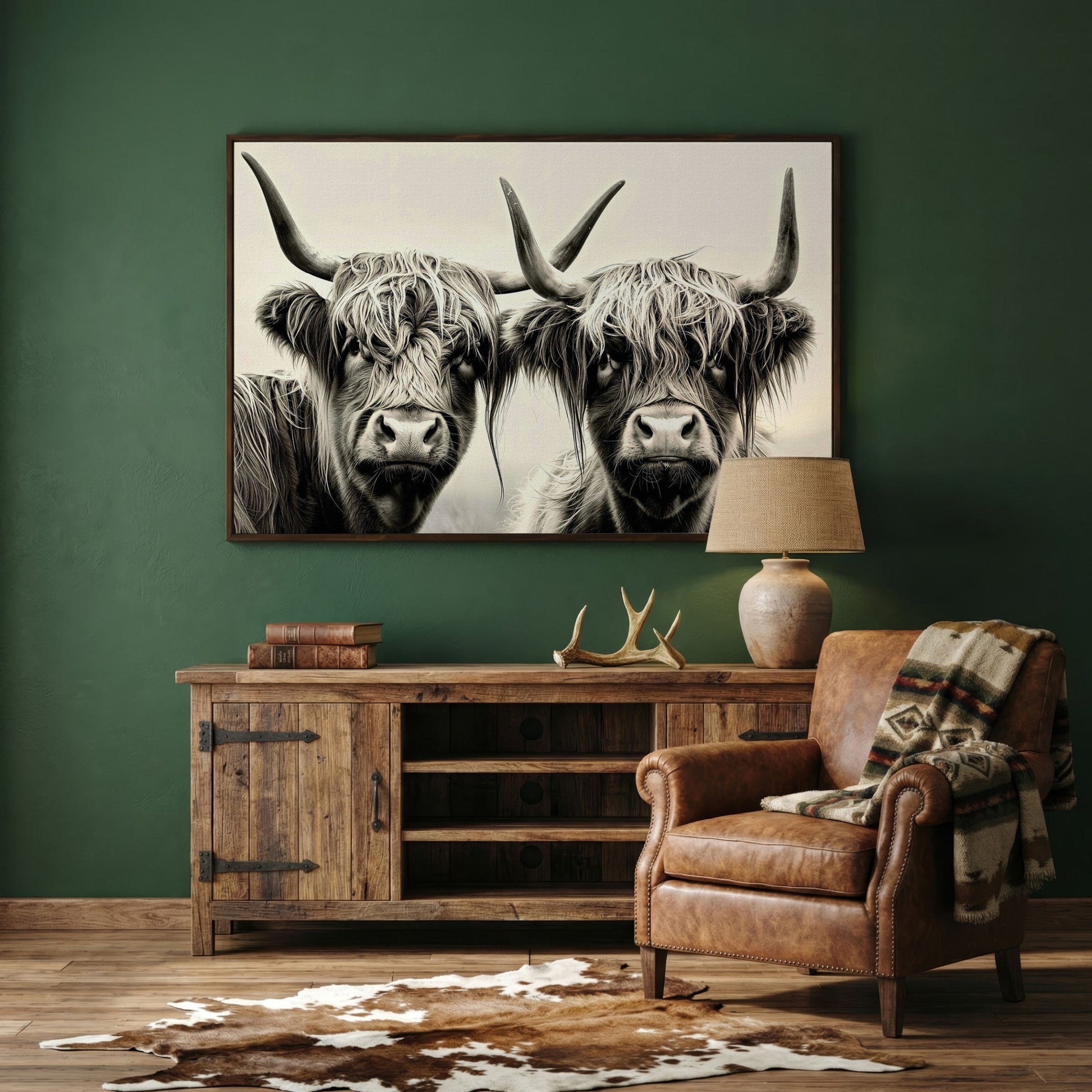 Two Highland Cows Up Close, Canvas Wall Art in dark walnut floating frame