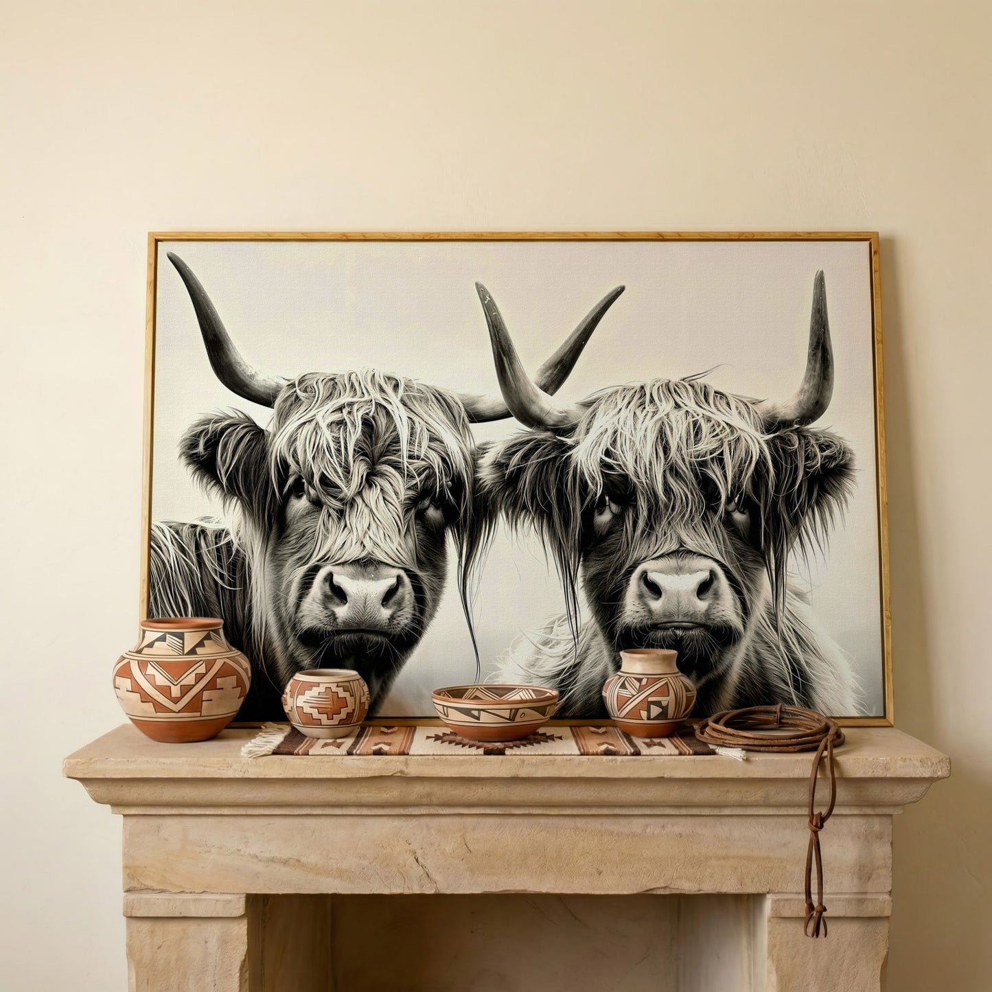 Two Highland Cows Up Close, Canvas Wall Art in white oak floating frame
