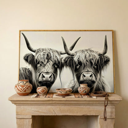Two Highland Cows Up Close, Canvas Wall Art in white oak floating frame