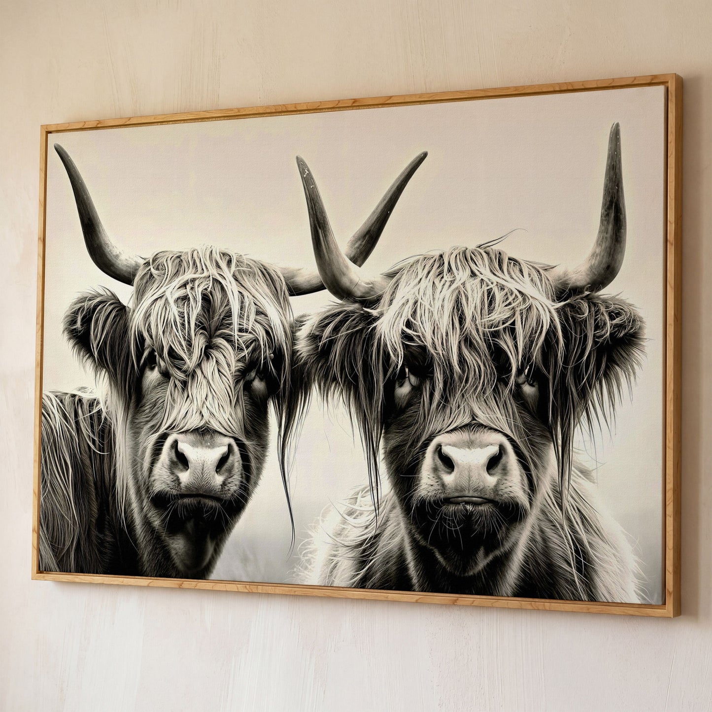 Two Highland Cows Up Close, Canvas Wall Art shown in white oak floating frame