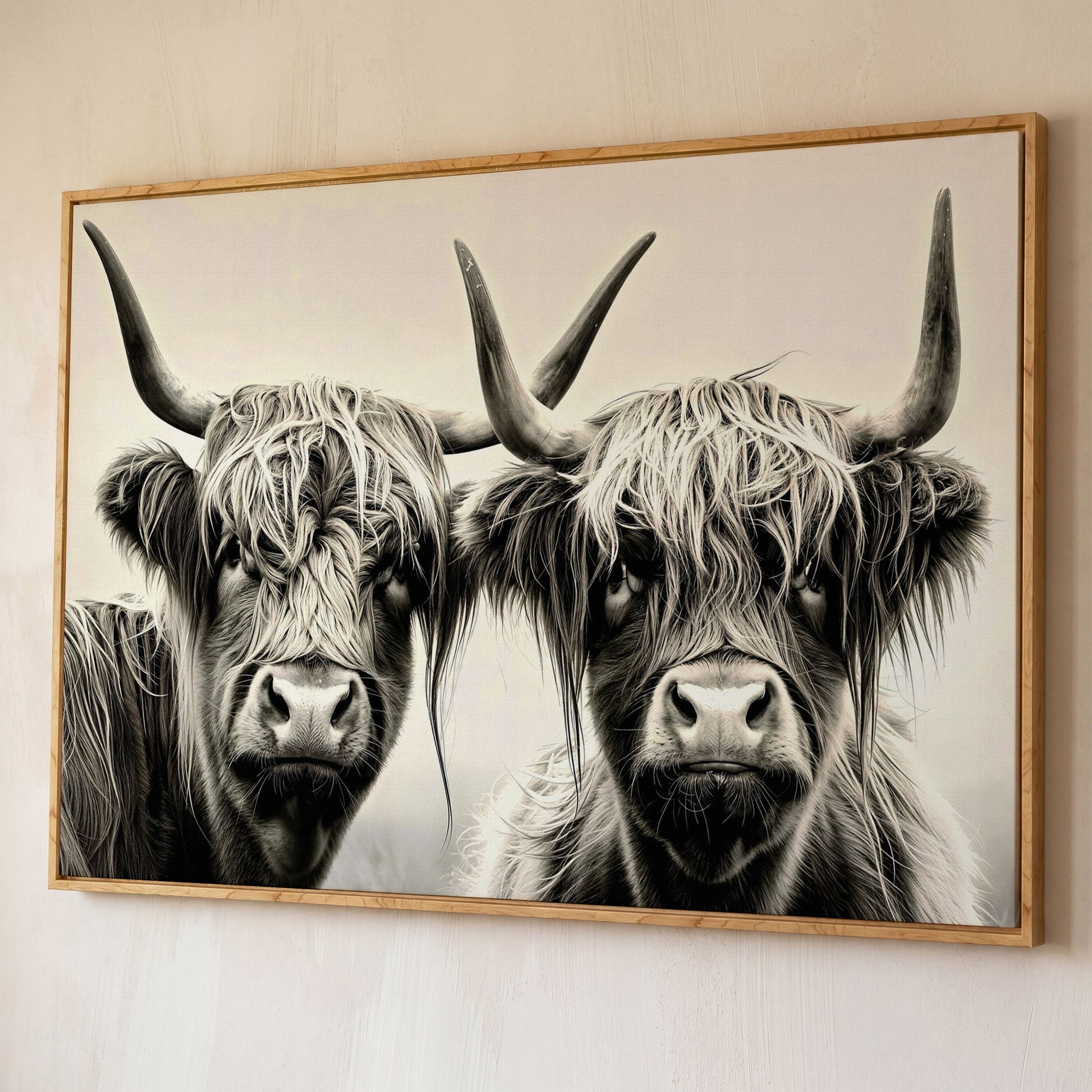 Two Highland Cows Up Close, Canvas Wall Art shown in white oak floating frame