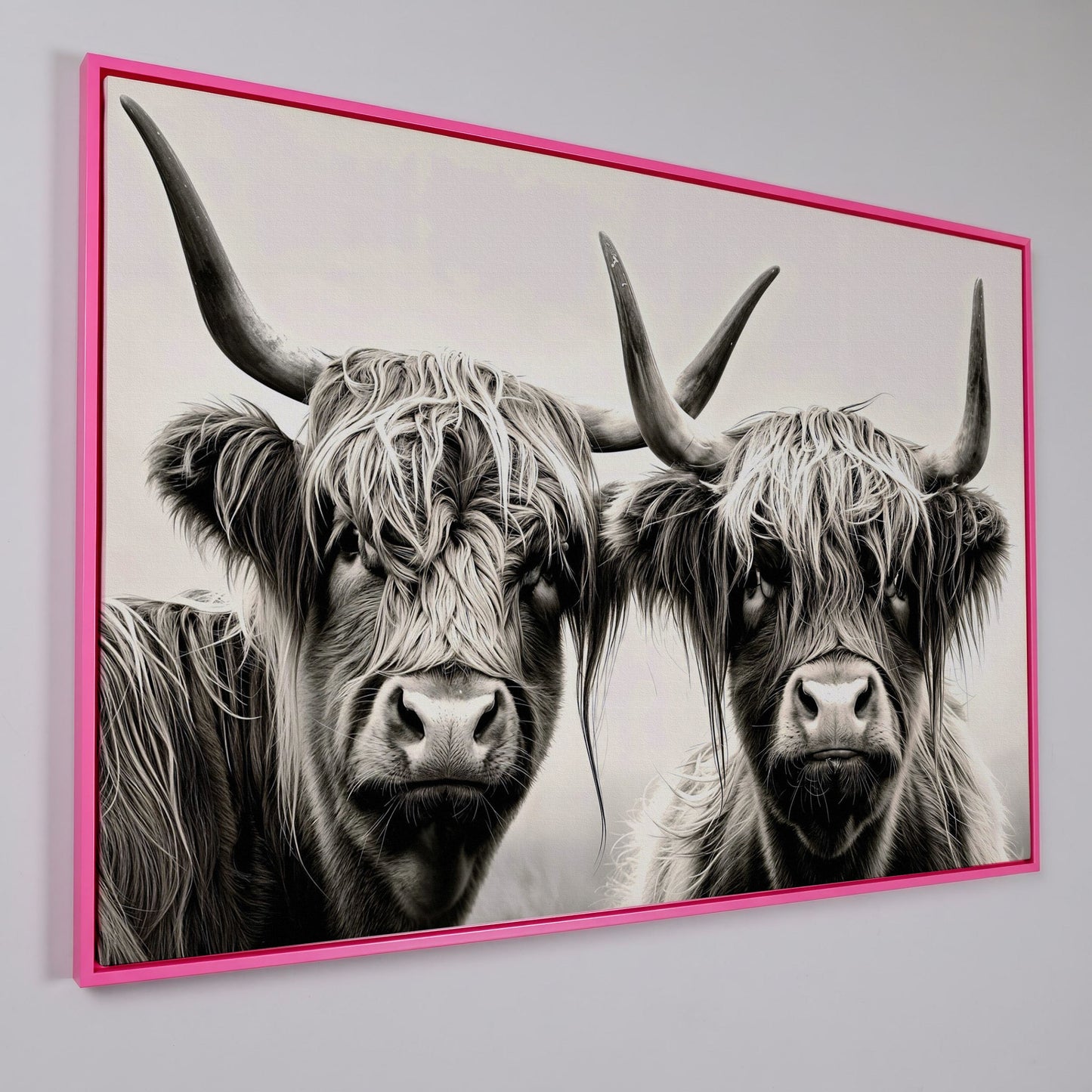Two Highland Cows Up Close, Canvas Wall Art in pink floating frame