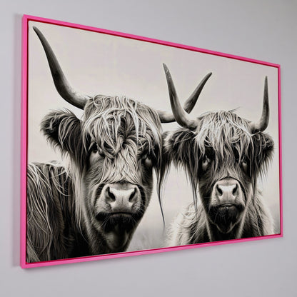 Two Highland Cows Up Close, Canvas Wall Art in pink floating frame