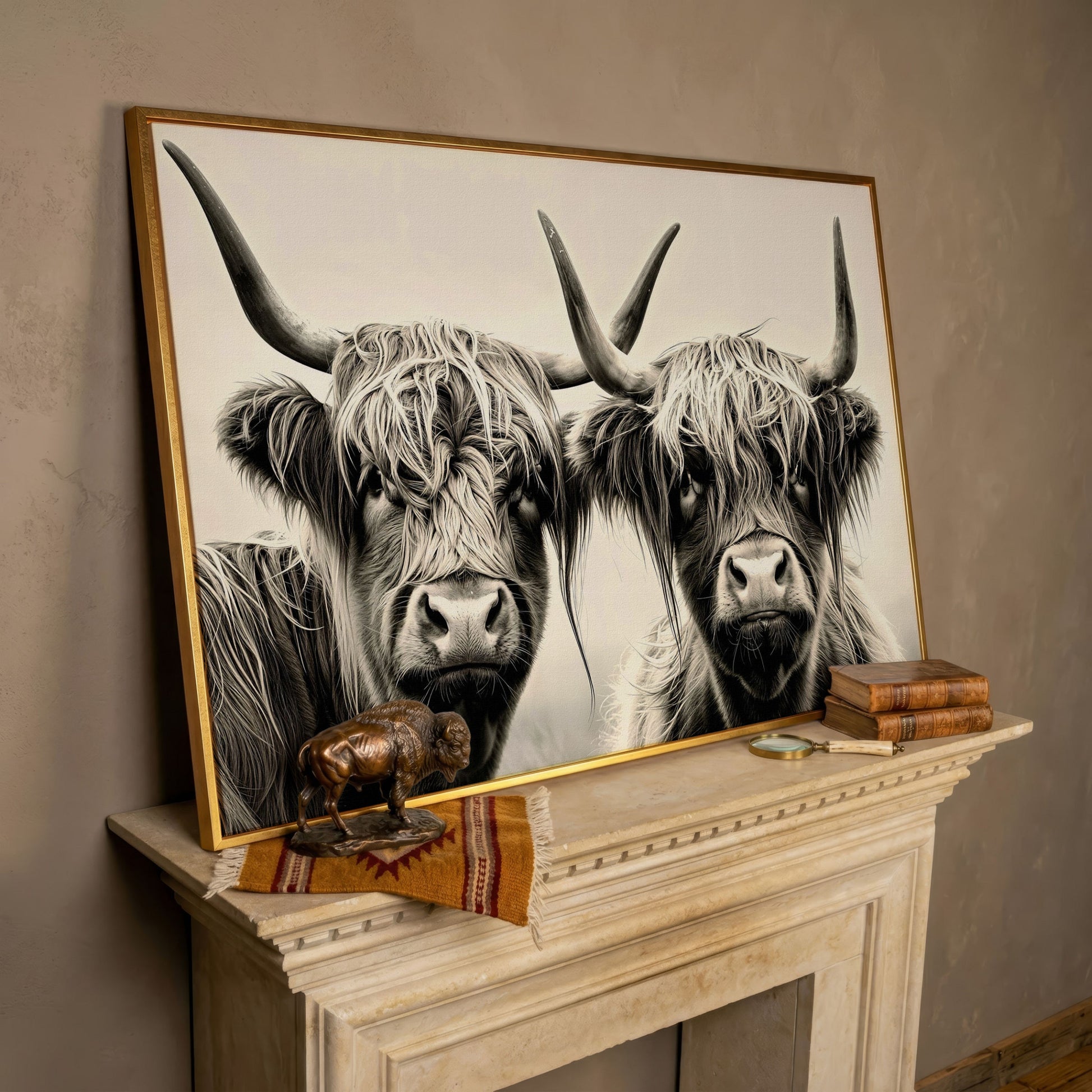 Two Highland Cows Up Close, Canvas Wall Art in rose gold floating frame