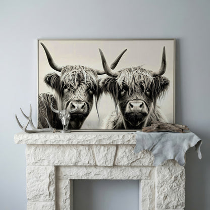 Two Highland Cows Up Close, Canvas Wall Art in silver floating frame