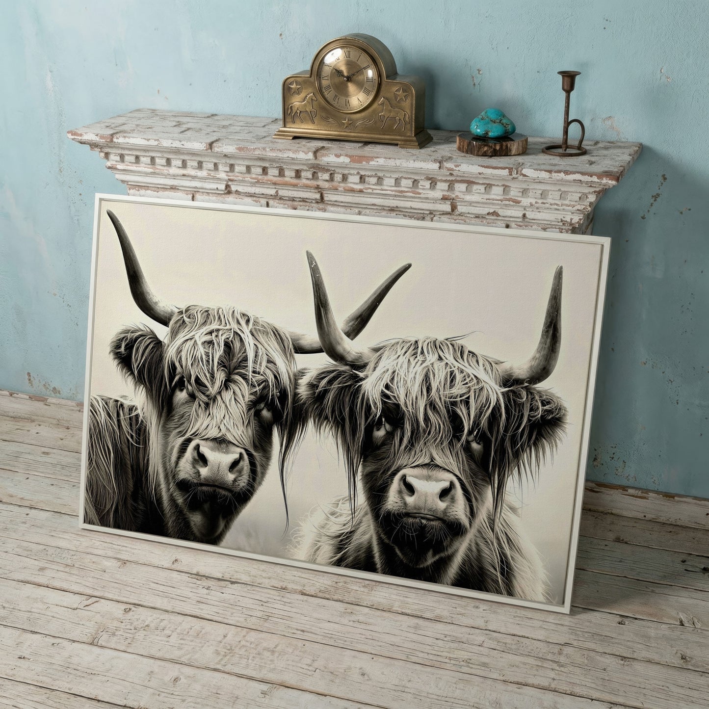 Two Highland Cows Up Close, Canvas Wall Art in white floating frame