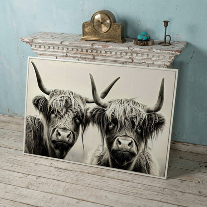 Two Highland Cows Up Close, Canvas Wall Art in white floating frame