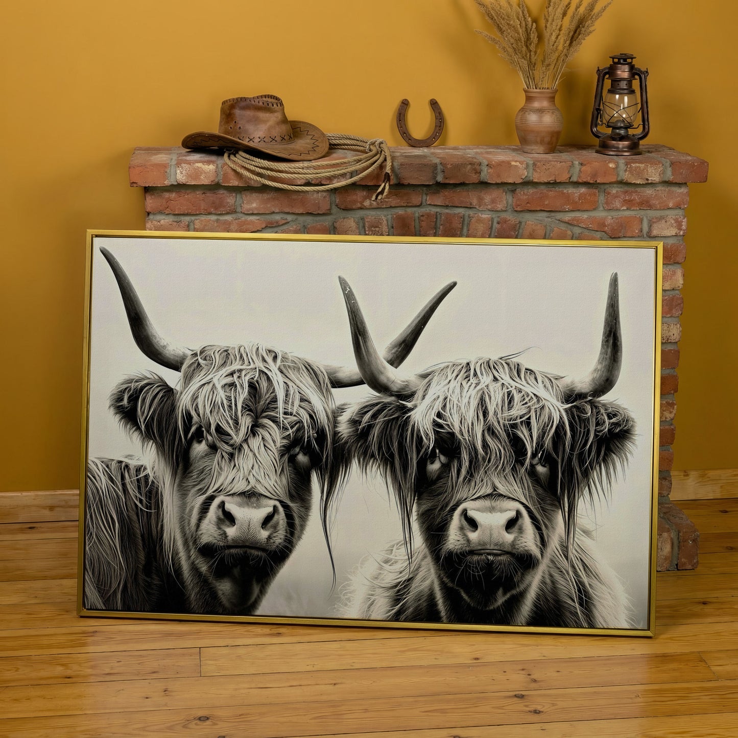 Two Highland Cows Up Close, Canvas Wall Art in yellow gold floating frame