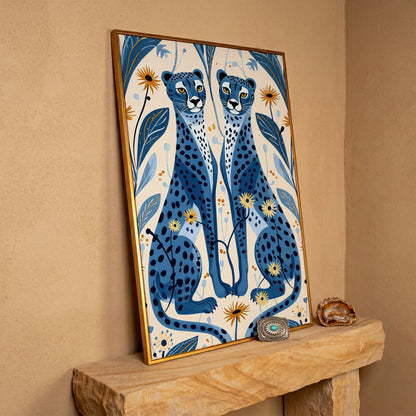 Blue Cheetahs and Botanical Canvas Wall Art in antique gold floating frame