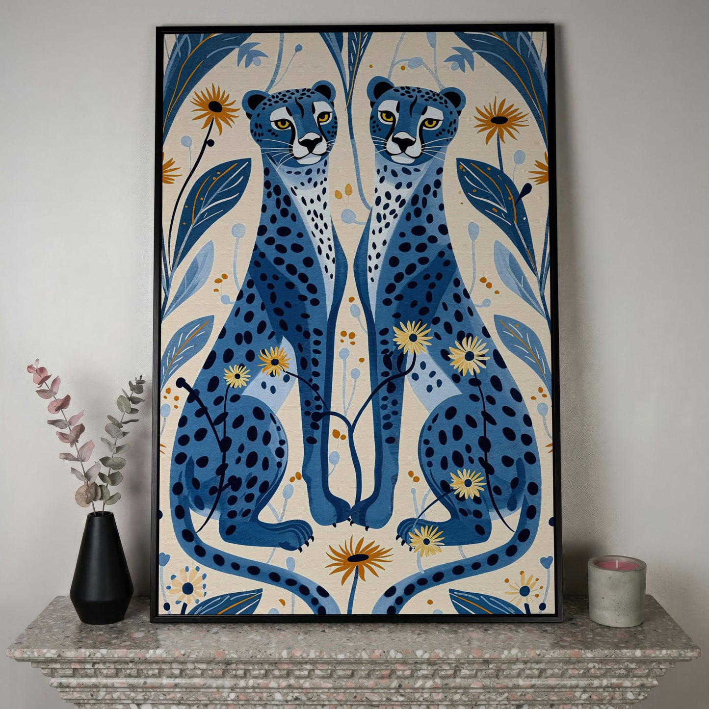 Blue Cheetahs and Botanical Canvas Wall Art in black floating frame
