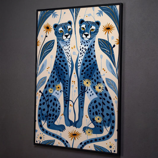 Blue Cheetahs and Botanical Canvas Wall Art shown in black floating frame