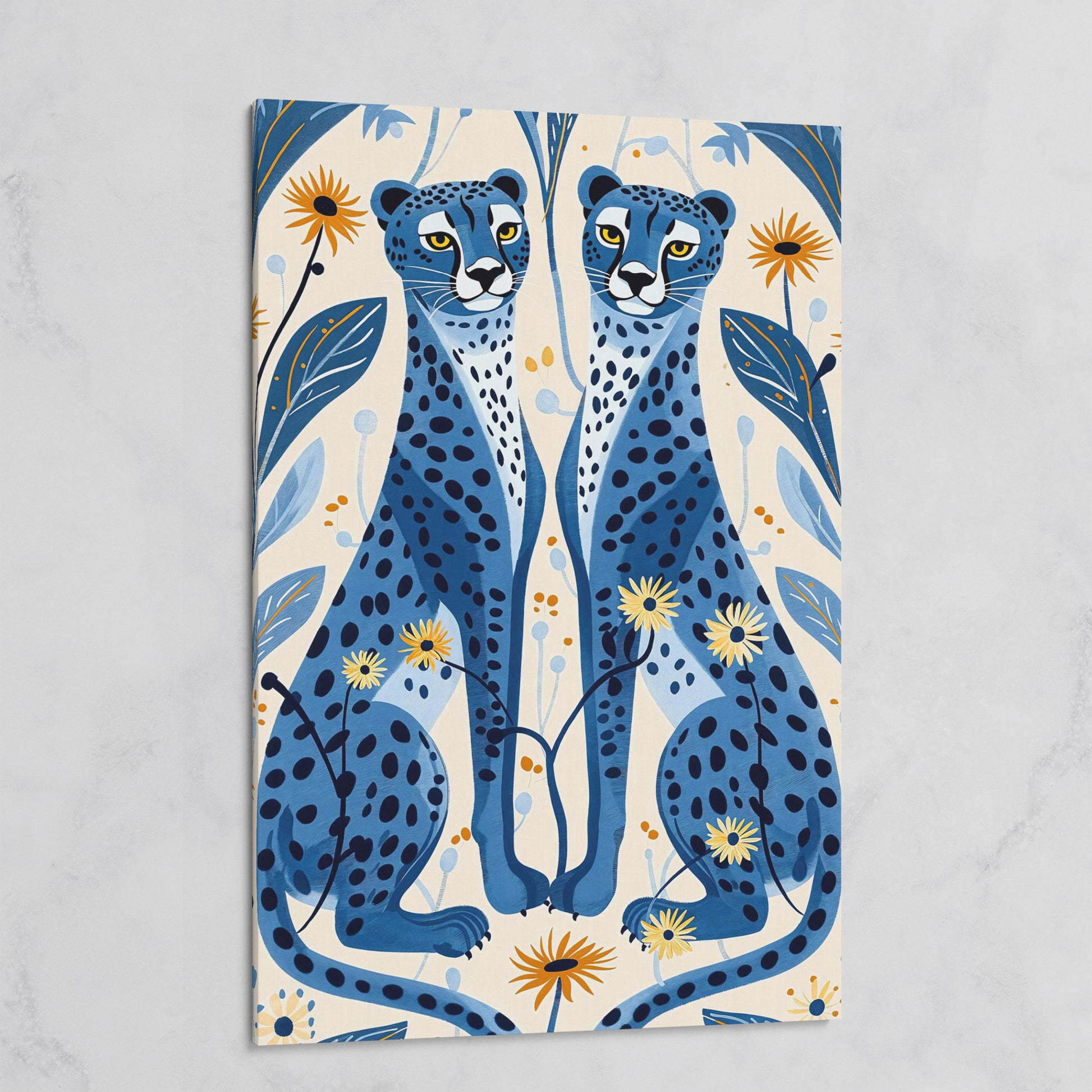 Blue Cheetahs and Botanical Canvas Wall Art on gallery wrap