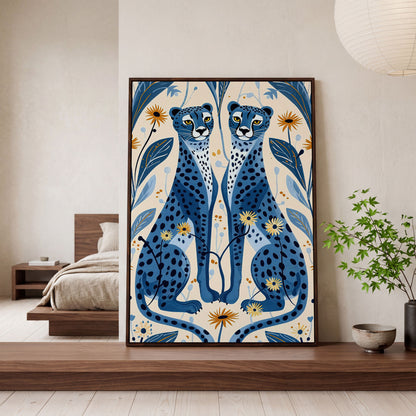 Blue Cheetahs and Botanical Canvas Wall Art in dark walnut floating frame