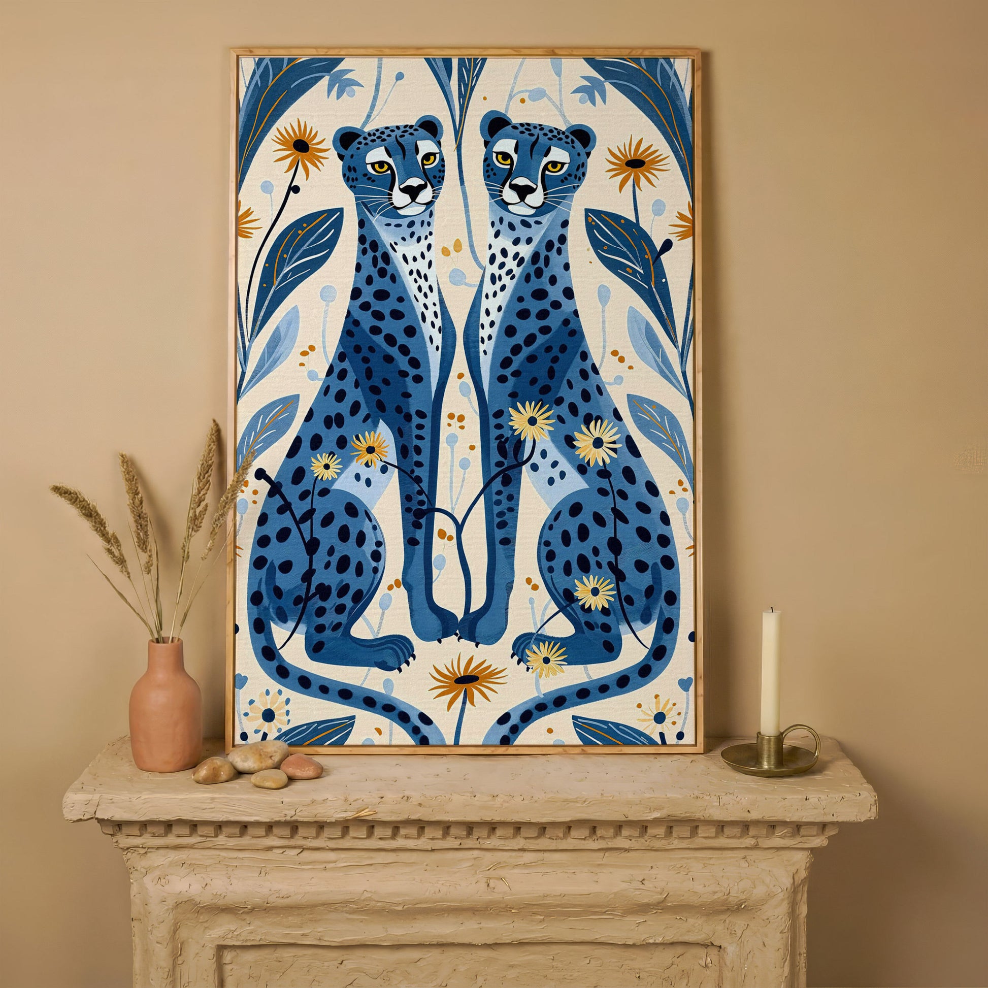 Blue Cheetahs and Botanical Canvas Wall Art in white oak floating frame