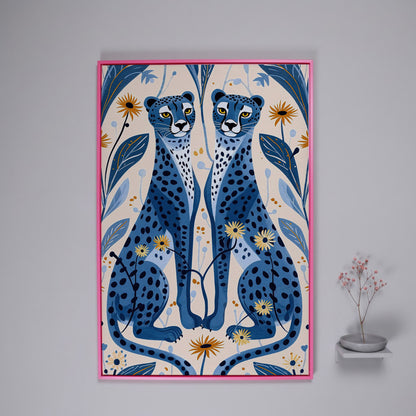 Blue Cheetahs and Botanical Canvas Wall Art in pink floating frame