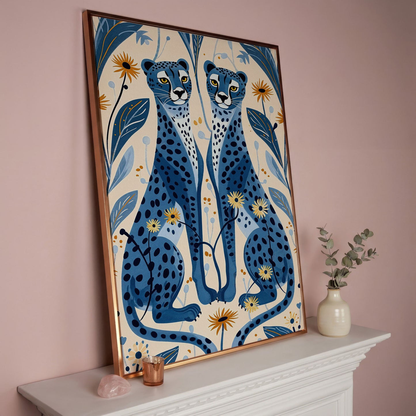 Blue Cheetahs and Botanical Canvas Wall Art in rose gold floating frame