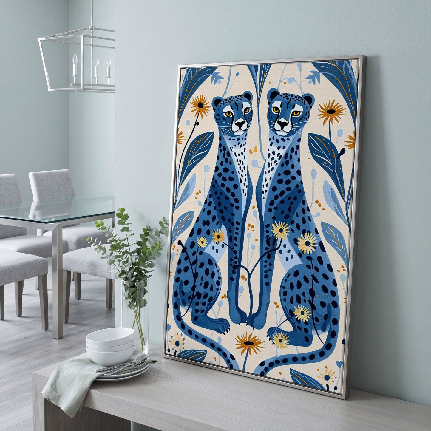 Blue Cheetahs and Botanical Canvas Wall Art in silver floating frame
