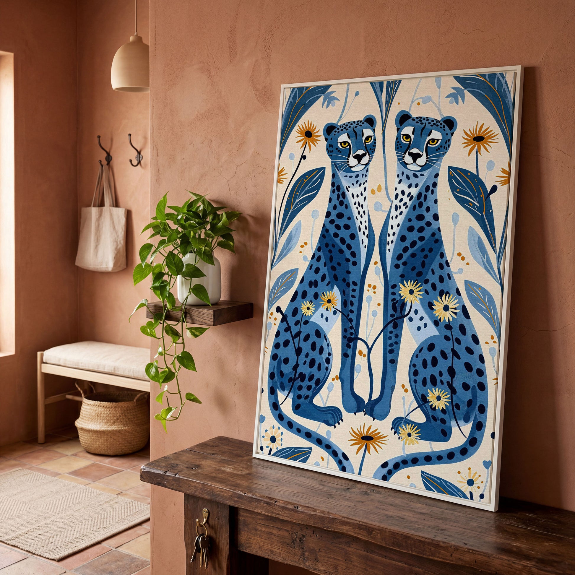 Blue Cheetahs and Botanical Canvas Wall Art in white floating frame