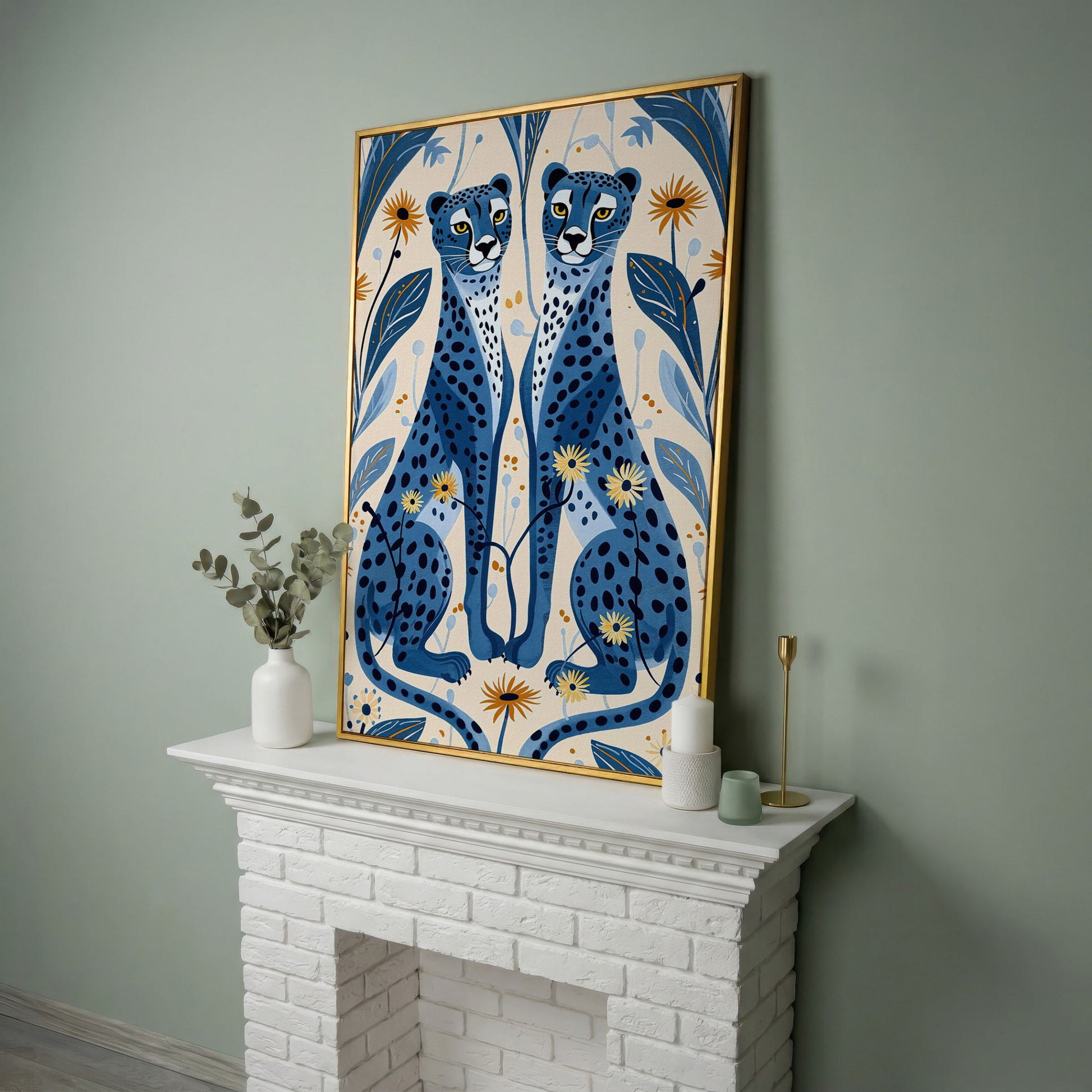 Blue Cheetahs and Botanical Canvas Wall Art in yellow gold floating frame