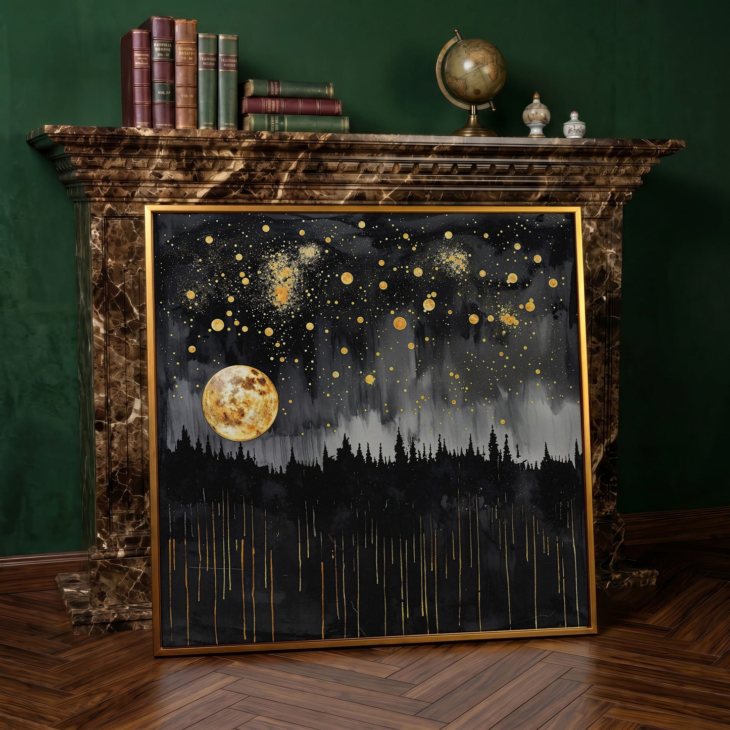 Mystical Moonlit Forest at Night. Square Canvas Wall Art in antique gold floating frame