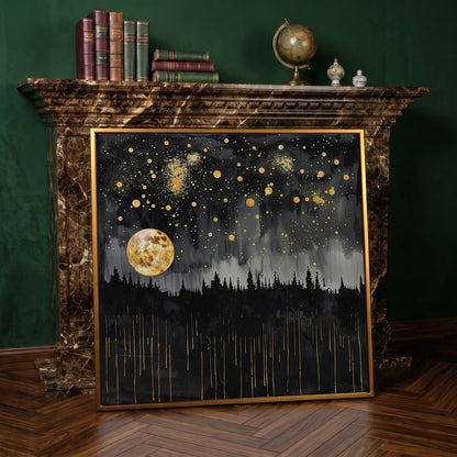 Mystical Moonlit Forest at Night. Square Canvas Wall Art in antique gold floating frame