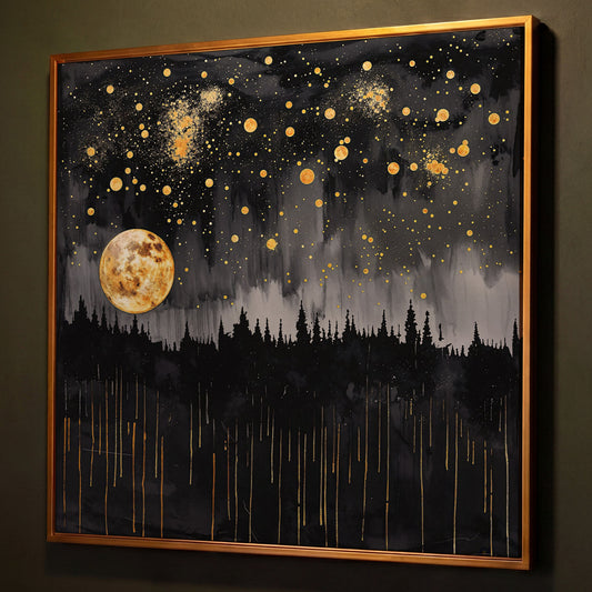 Mystical Moonlit Forest at Night. Square Canvas Wall Art shown in antique gold floating frame