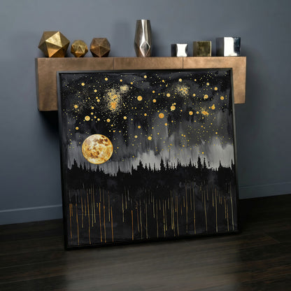 Mystical Moonlit Forest at Night. Square Canvas Wall Art in black floating frame