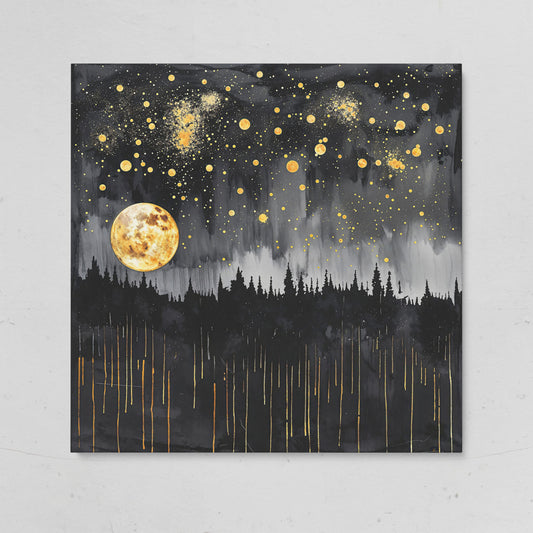 Mystical Moonlit Forest at Night. Square Canvas Wall Art on gallery wrap