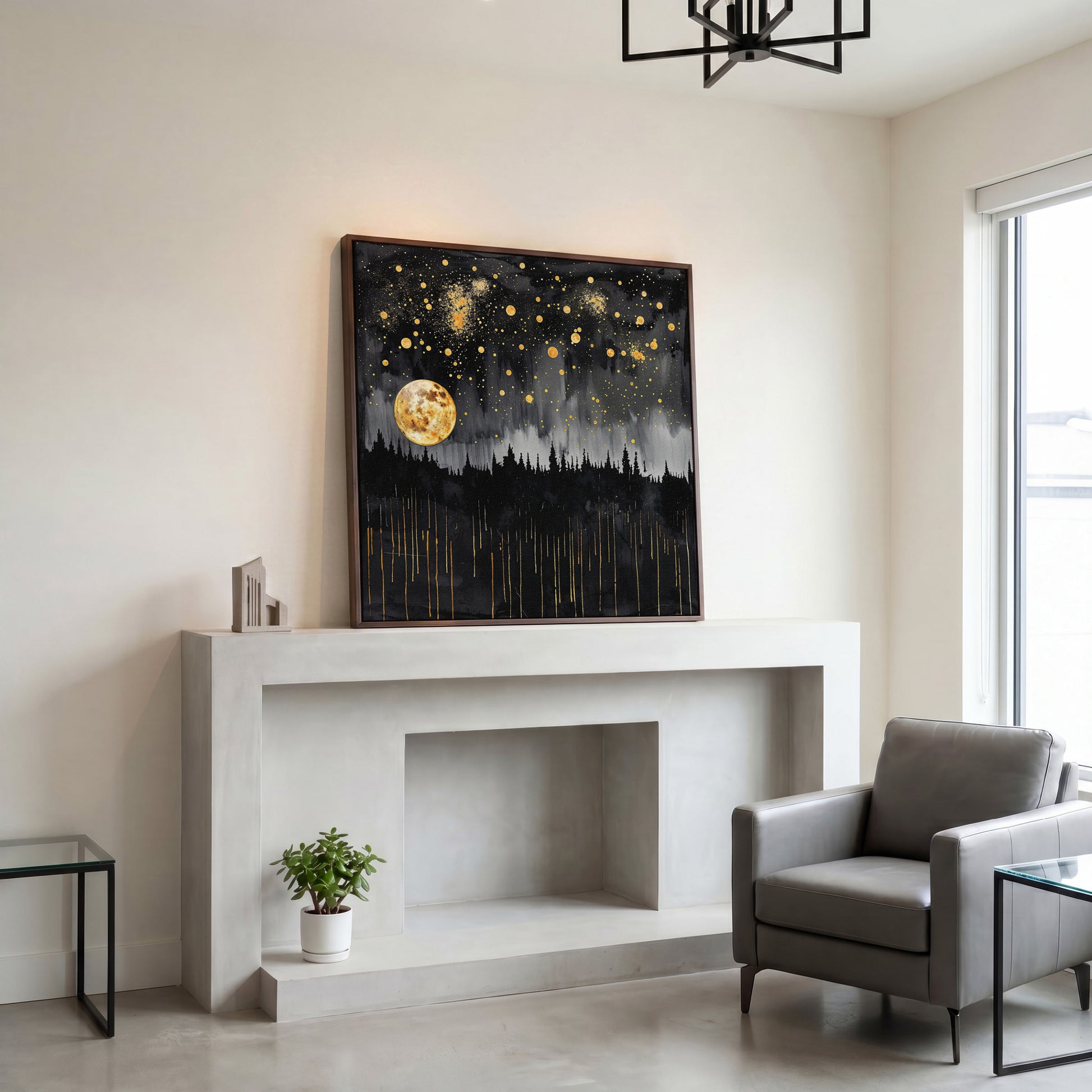 Mystical Moonlit Forest at Night. Square Canvas Wall Art in dark walnut floating frame