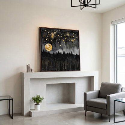 Mystical Moonlit Forest at Night. Square Canvas Wall Art in dark walnut floating frame