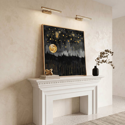 Mystical Moonlit Forest at Night. Square Canvas Wall Art in white oak floating frame