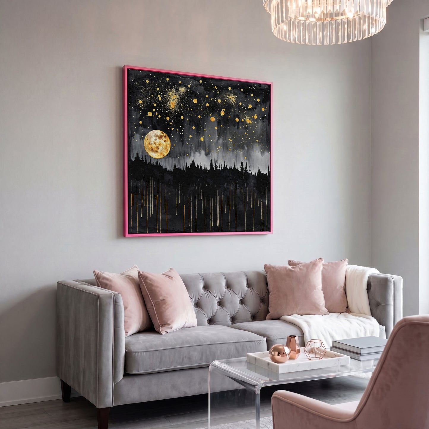 Mystical Moonlit Forest at Night. Square Canvas Wall Art in pink floating frame