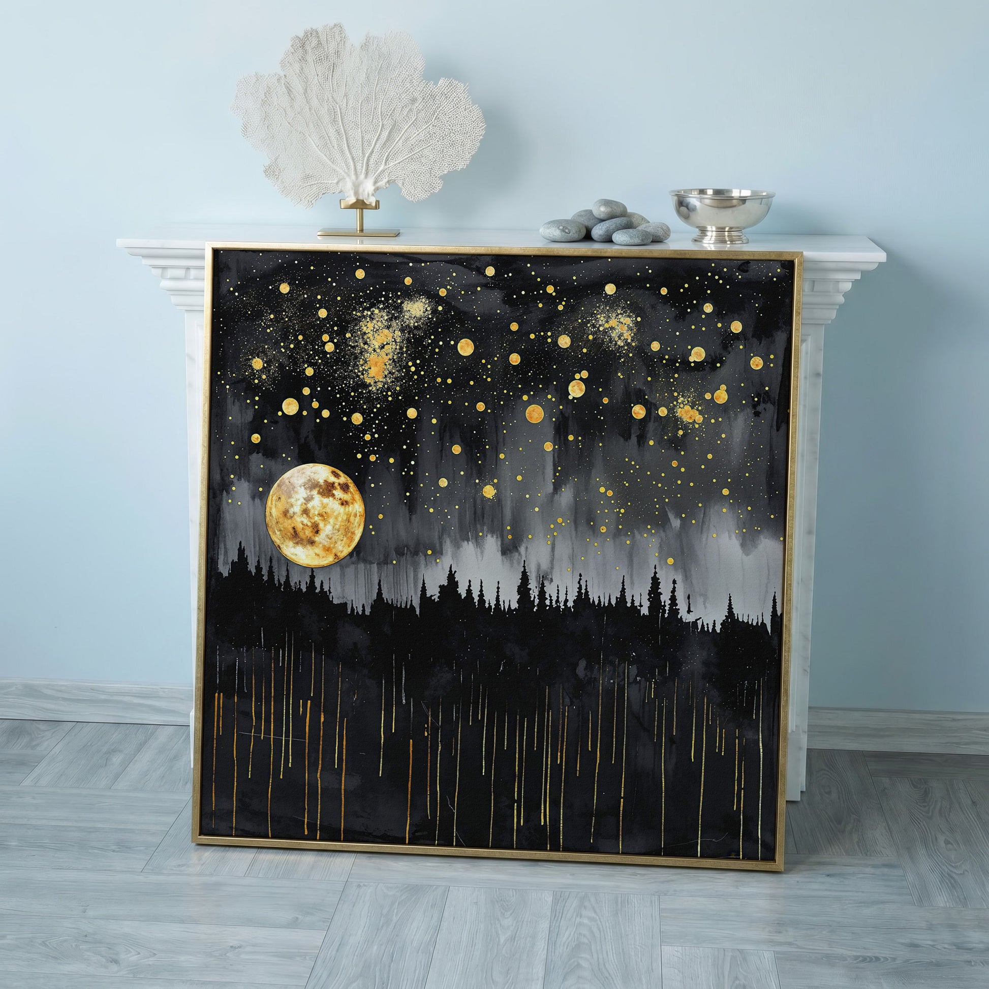 Mystical Moonlit Forest at Night. Square Canvas Wall Art in rose gold floating frame