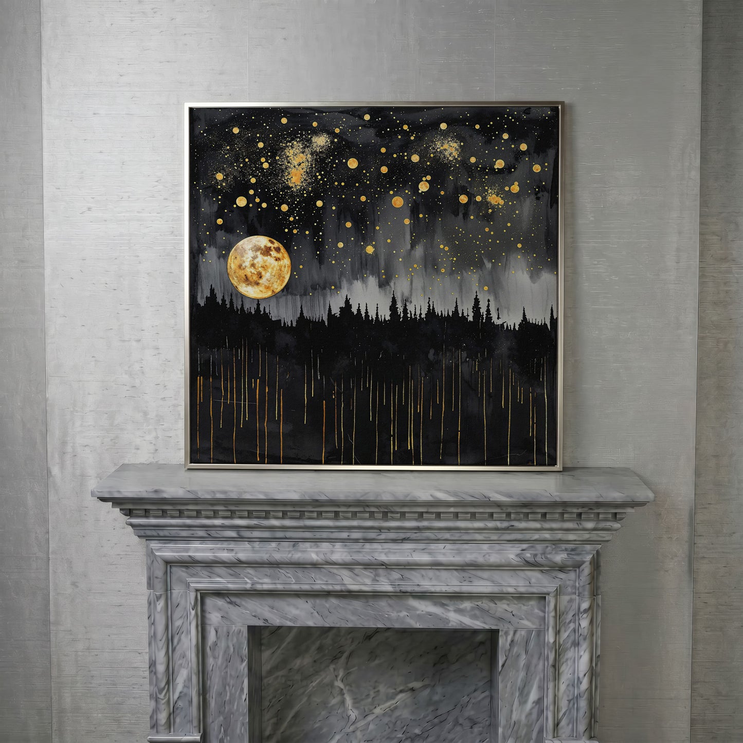 Mystical Moonlit Forest at Night. Square Canvas Wall Art in silver floating frame