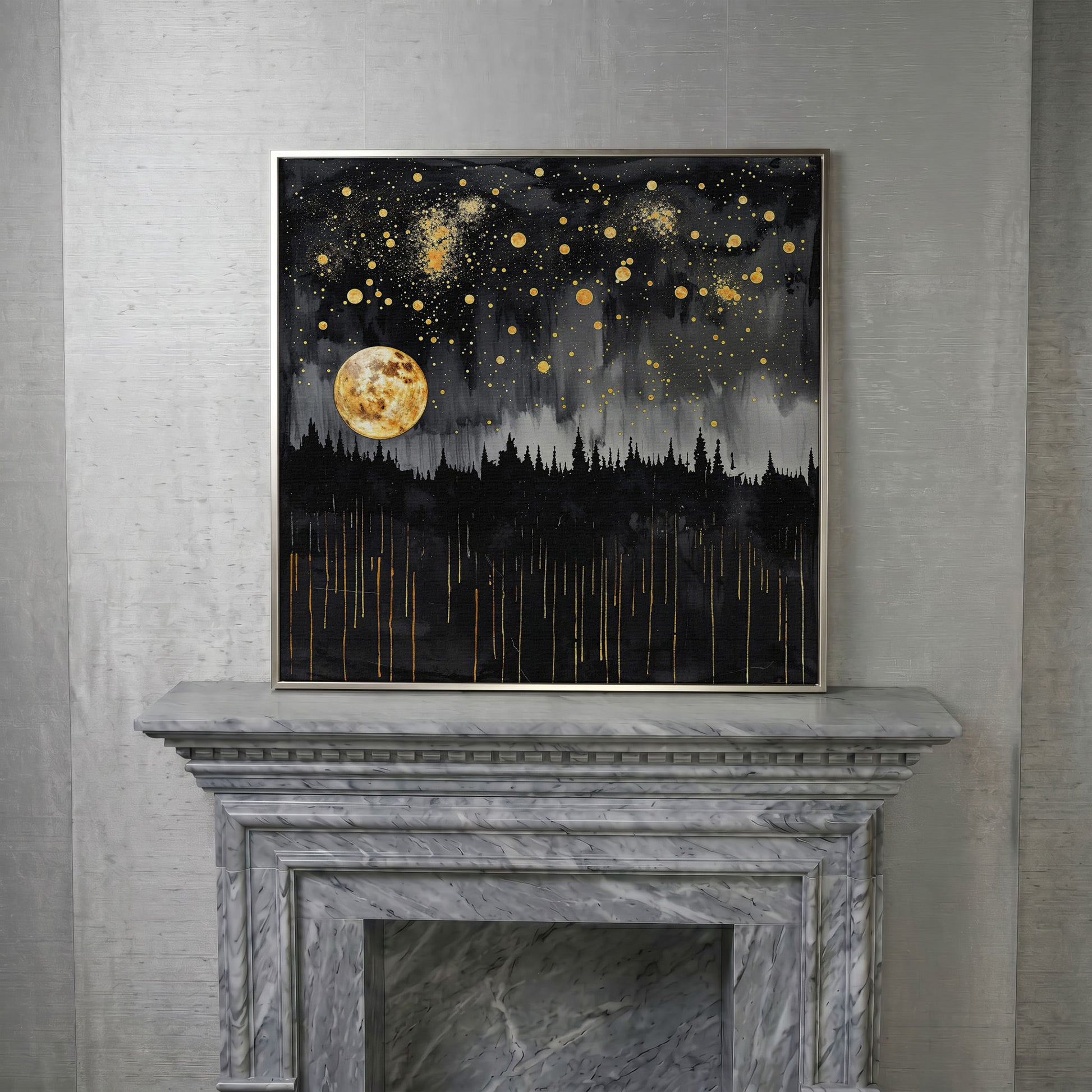Mystical Moonlit Forest at Night. Square Canvas Wall Art in silver floating frame