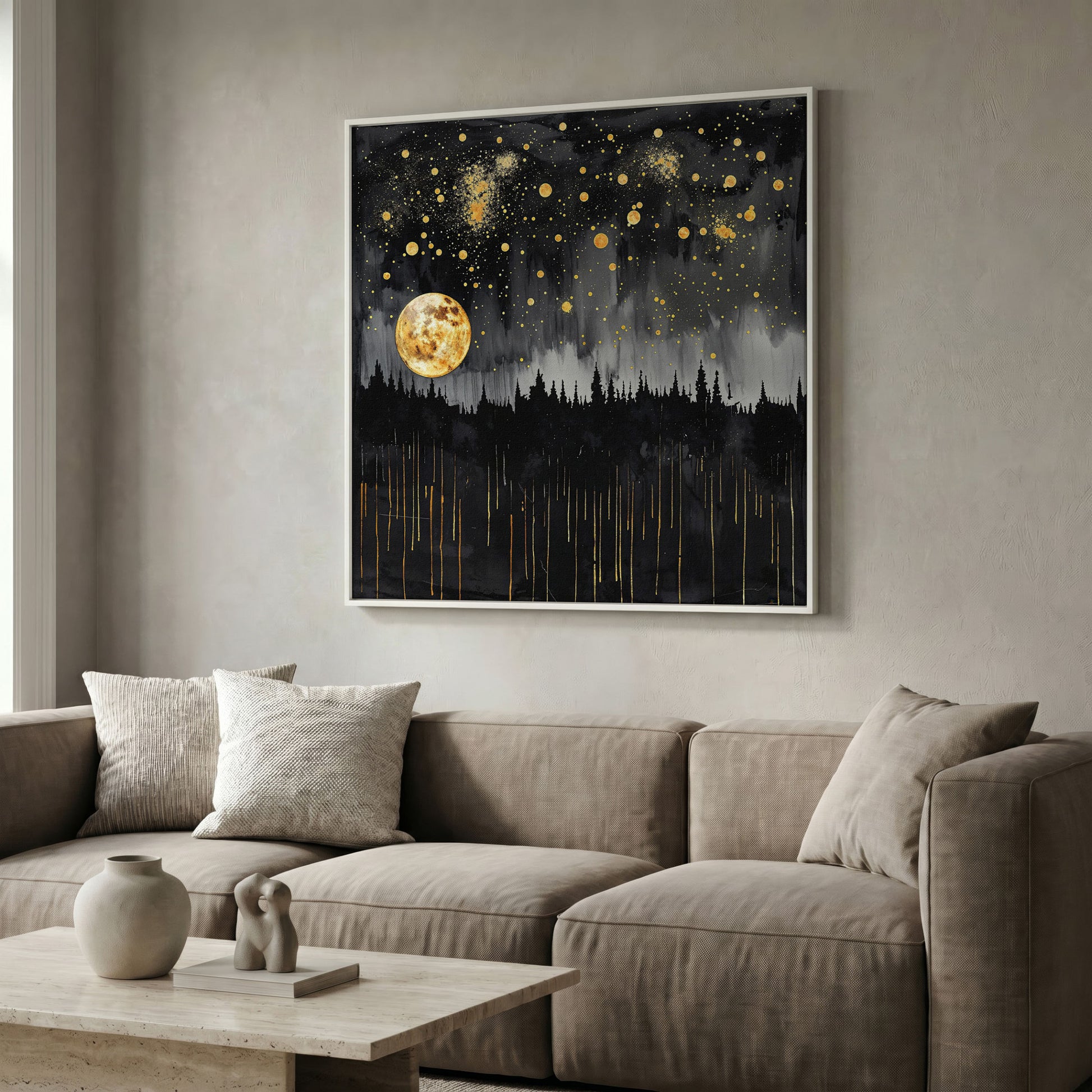 Mystical Moonlit Forest at Night. Square Canvas Wall Art in white floating frame